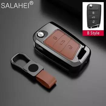 Корпус для автомобильных ключей из цинкового сплава и кожи для VW Volkswagen Polo Golf4 MK7 Golf7 T5 Skoda Octavia A5 A7 Leon Ibiza Ateca Kodiaq