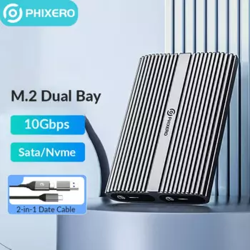 Корпус для SSD PHIXERO Dual Bay, алюминиевый корпус для SSD M2 NVMe, USB3.1 Gen2, 10 Гбит/с, для M-ключа, M & B, NVMe, PCIe, со встроенным охлаждающим жилетом