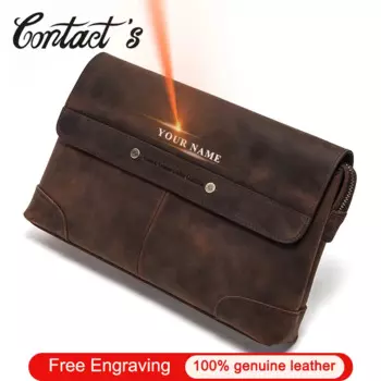 Кошелек Contact's мужской из кожи Крейзи Хорс, винтажный удлиненный клатч с бесплатной гравировкой, дорожный бумажник для мелочей, держатель для карт
