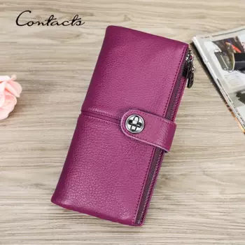 Кошелек CONTACT'S женский из натуральной кожи, бумажник двойного сложения, длинный модный держатель для кредитных карт с RFID-защитой, зажим для денег, кошелек для мелочи на молнии
