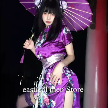 Косплей Китайская Кукла Ципао Принт Цветок Cheongsam Девушка Y2K Сексуальные Мини-платья в китайском стиле Фиолетовые костюмы кунг-фу Плюс Размер 6Xl