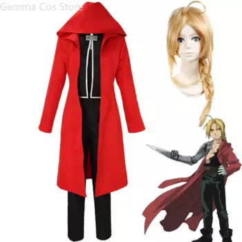 Косплей-костюм Эдварда Элрика из аниме цельнометаллического алхимика, красный парик, пальто, Униформа, накидка с капюшоном, мужской карнавальный костюм на Хэллоуин
