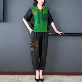 Костюм брючный женский из двух предметов, модный элегантный топ с капюшоном и принтом в стиле пэчворк, повседневный спортивный костюм для мам, большие размеры, Z1476