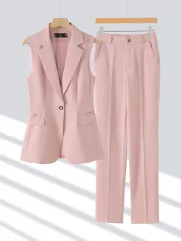 Костюм брючный женский из жилета и брюк, розовый/черный/хаки
