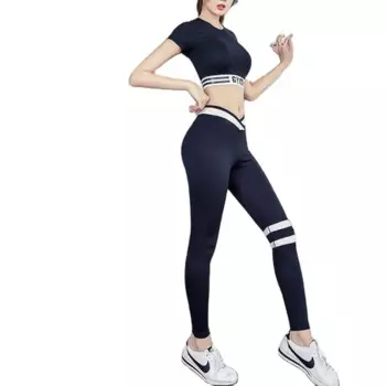 Костюм Для Йоги Женский облегающий эластичный Быстросохнущий Спортивный с коротким рукавом эластичные обнаженные штаны для фитнеса бега тренировок