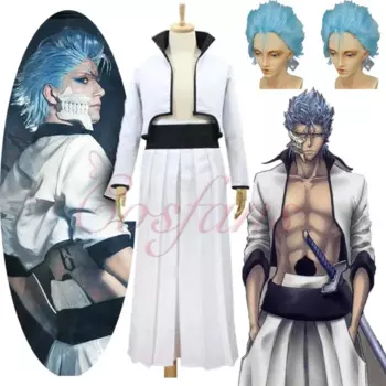 Костюм для косплея аниме Grimmjow Jaggerjack, полный комплект с париками, белая кимоно, куртка, брюки, пояс, женский и мужской костюм, аниме одежда