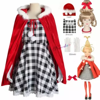 Костюм для косплея Cindy Lou Who, красный комбинезон с капюшоном, зеленая оплетка, костюм монстра, Рождественский наряд для женщин и девочек