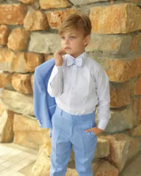 Костюм для мальчиков из куртки и брюк, комплект из 2 предметов, с круглым отложным воротником, для мальчиков от 8yer до 14yer, свадебные костюмы, небесно-голубого цвета
