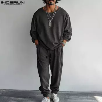 Костюм INCERUN мужской из двух предметов, однотонный повседневный костюм с круглым вырезом, длинным рукавом, блестящий брючный костюм с поясом на резинке