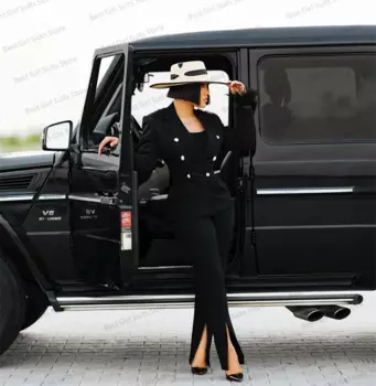 Костюм из двух предметов для женщин, черные офисные смокинги с страусиными перьями, блейзер и брюки