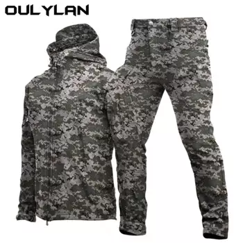 Костюм Куртка Открытый тактический мужской штурмовой костюм из мягкой кожи акулы Мужские брюки Куртка Весенне-осенняя шерстяная ветрозащитная куртка