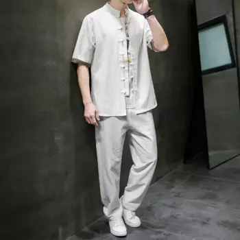 Костюм спортивный мужской однотонный из 2 предметов, рубашка с коротким рукавом и брюки до щиколотки, Повседневная Уличная одежда, костюм на лето