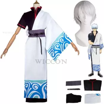 Костюм в стиле аниме Gintama костюм Саката гинтоки, парик, костюмы японской анимации, кимоно, Белая Шаль, мужской костюм на Хэллоуин, карнавал