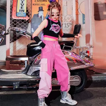 Костюм в стиле хип-хоп для девочек, одежда для сцены в стиле K-POP, одежда для выступлений и уличных джазовых танцев, летний детский модный костюм, розовые штаны, майка, AMY615