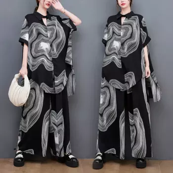 Костюм женский из 2 предметов, модное длинное шелковое платье оверсайз с принтом в стиле ретро и брюки с широкими штанинами, шелковое платье из шелка, 5XL