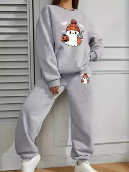 Костюм женский из 2 предметов с принтом Призрака и тыквы на Хэллоуин, женский джемпер с круглым вырезом и спортивные брюки, костюм для удобных женщин