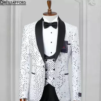 Костюмы для жениха с белыми блестками, деловые мужские костюмы из трех предметов, пиджак, жилет и брюки, комплекты, повседневный деловой блейзер