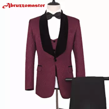 Костюмы на заказ, Блейзер, темно-красный свадебный костюм, смокинг жениха с принтом, смокинг для жениха, мужской костюм на заказ, пиджак + черные штаны + жилет