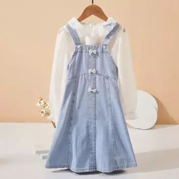 Костюмы в стиле преппи для девочек, комплекты, школьная форма, белая рубашка и джинсовое платье, детские костюмы, 6, 8, 10, 12, 13 лет