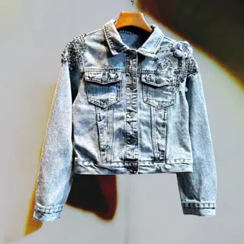 Ковбойское пальто с тяжелыми бусинами и бриллиантами, новинка весны, светло-голубая тонкая короткая джинсовая куртка с лацканами и длинными рукавами, джинсовые куртки, уличная одежда