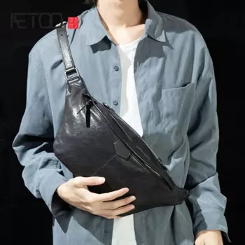 Кожаная Простая мужская нагрудная сумка AETOO, стандартная Ретро сумка через плечо из воловьей кожи, универсальная Повседневная Мужская поясная сумка