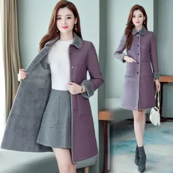 Кожаные куртки средней длины для женщин одежда 2023 осень зима плюшевое теплое пальто Женская мода фиолетовая Кожаная Куртка утепленная