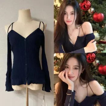 Kpop Girl Group, женский вязаный свитер на бретельках с открытыми плечами и длинными рукавами, женский осенний свитер 2023, новый сексуальный кардиган на пуговицах, топы с v-образным вырезом