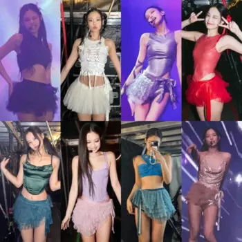 Kpop Корейская певица Уличная одежда Новый ночной клуб Тонкий кружевной жилет на бретельках Укороченные топы + сетчатая сексуальная пышная юбка на шнуровке Женский костюм из двух предметов