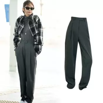 Kpop корейские певцы модные женские брюки в стиле ретро офисные однотонные прямые повседневные брюки винтажные женские брюки с высокой талией и широкими штанинами