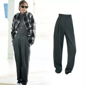 Kpop корейские певцы модные женские брюки в стиле ретро офисные однотонные прямые повседневные брюки винтажные женские брюки с высокой талией и широкими штанинами