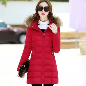 Красивое теплое Женское зимнее пальто с длинным меховым воротником, черная, красная куртка, Женская парка с капюшоном, Размер 2XL, зимнее пальто