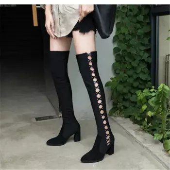 Красивые сексуальные высокие сапоги для ночного клуба, женские сапоги, эластичные сапоги с острым носком на толстом каблуке, женские сапоги выше колена, высокие сапоги 39