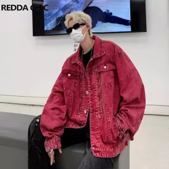 Красная джинсовая куртка REDDACHIC для мужчин, свободная ветровка на молнии с декором, повседневная куртка-бомбер, осенняя винтажная уличная одежда Y2k
