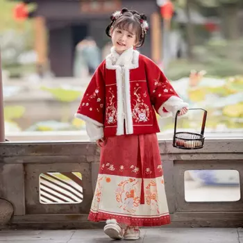 Красная Новогодняя одежда в стиле ретро, китайская юбка с изображением лошади для девочек, платье ханьфу, новинка зимы 2024, теплый плотный костюм Тан, Детский Рождественский подарок