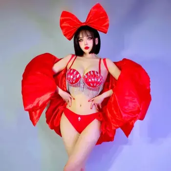 Красное бикини с кристаллами и кисточками, с большими рукавами, одежда для выступлений и сцены, сексуальный костюм для ночного клуба, бара, диджея, танцевальный костюм для ГОГО, женский