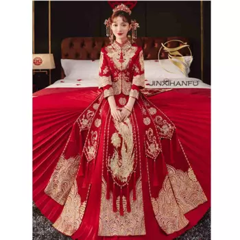 Красное китайское свадебное платье для невесты, женское Повседневное платье Hanfu с вышивкой