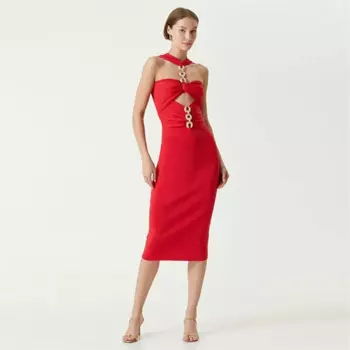 Красное женское платье для выпускного вечера, сексуальное вечернее платье миди без рукавов с лямкой на шее