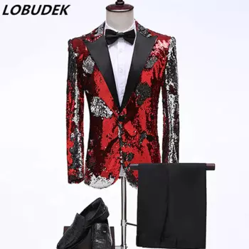 Красный, черный, золотой, блестящие блейзеры с блестками, брюки, формальные мужские костюмы из 2 предметов, костюм для выпускного, свадьбы, ночного клуба, сцены, певицы, ведущего, костюм для выступлений