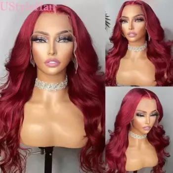 Красный длинный волнистый парик UStyleHair, парик из натуральных волос на сетке спереди для женщин, термостойкие синтетические волосы для ежедневного использования, парик для косплея