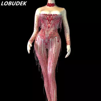 Красный комбинезон со стразами и кисточками для бара, ночного клуба, женская одежда для вечеринки, дня рождения, сценической одежды, DJ, певицы, танцовщицы, костюм для выступлений