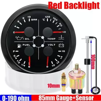 Красный свет 4 в 1 85 мм манометр давления масла + температура воды + датчик уровня топлива + вольтметр с датчиком 0-190 Ом авто автомобиль 12 В на заказ