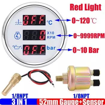 Красный свет цифровой 2 "52 мм температура воды + тахометр + манометр масла + датчик с сигнализацией для автомобильной морской яхты по индивидуальному заказу DC12V24V