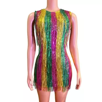 Красочное короткое платье с кисточками, женские роскошные вечерние платья с кристаллами и блестками для празднования дня рождения, костюм для клуба, певицы, шоу, сцены