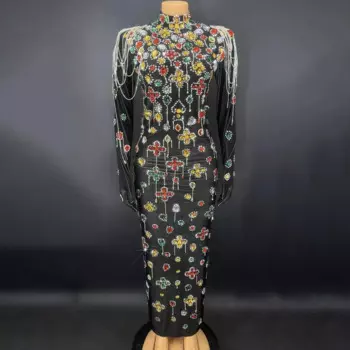 Красочное женское черное платье с длинным рукавом и стразами, праздничное вечернее платье, костюм для выступления певицы и ночного клуба