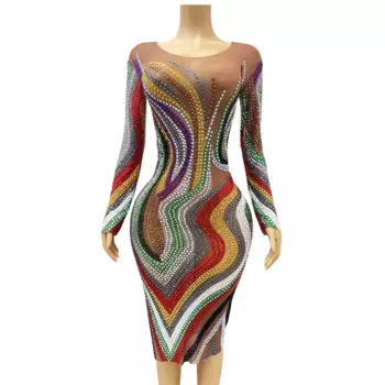 Красочное женское пикантное Прозрачное платье для празднования дня рождения, Сетчатое платье, вечерний танцевальный костюм, костюм для выступления, вечеринки, caihong