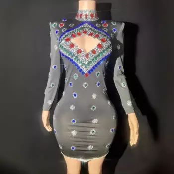 Красочное женское платье-футляр с бриллиантами, сексуальное Сетчатое мини-платье, вечерний женский костюм для выступления, танцевальный костюм певицы, сценическая одежда