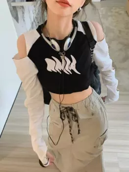 Кроп-топ женский с открытыми плечами, модная пикантная облегающая футболка с вырезами и длинным рукавом, Y2k, лето