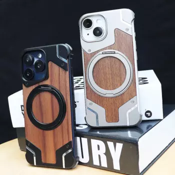 Крутой металлический + деревянный безрамный бампер для iPhone 16 Pro Max 15 Plus 14 13, защита углов, поворот на 360 градусов, магнитное кольцо-подставка