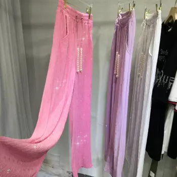 Крутые шелковистые летние женские брюки, новинка 2023, подходящие ко всему свободные розовые широкие брюки, эластичные брюки с высокой талией и стразами для пола