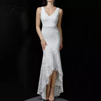 Кружевное белое платье для выпускного вечера с вышивкой, вечернее платье с блестками и высоким и низким вырезом, сексуальное вечернее платье с v-образным вырезом и открытой передней частью, вечернее платье русалки с открытой спиной